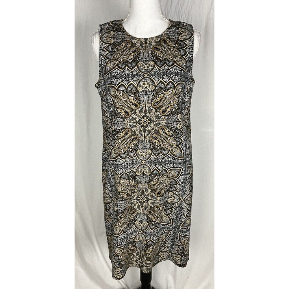 J. Jill Women's Size S Shift Dress Sleeveless Brown Patterned Round Neck Midi